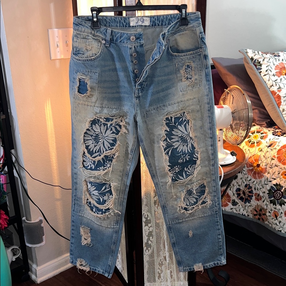 Free People Blue Distressed Floral Women Jeans